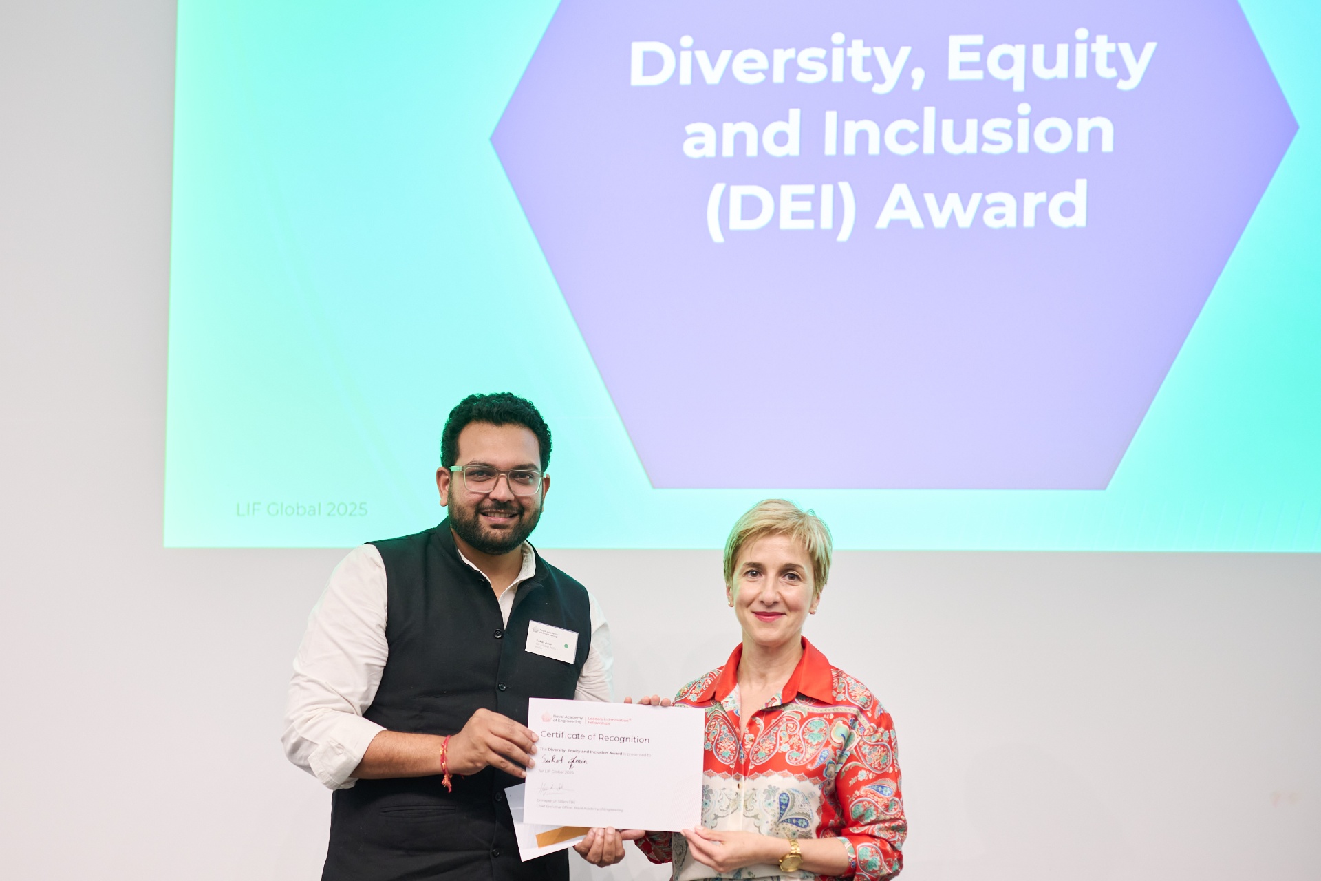 Suket Amin on stage at LIF Global 2025 receiving DEI Award from Royal Academy of Engineering, UK representatives