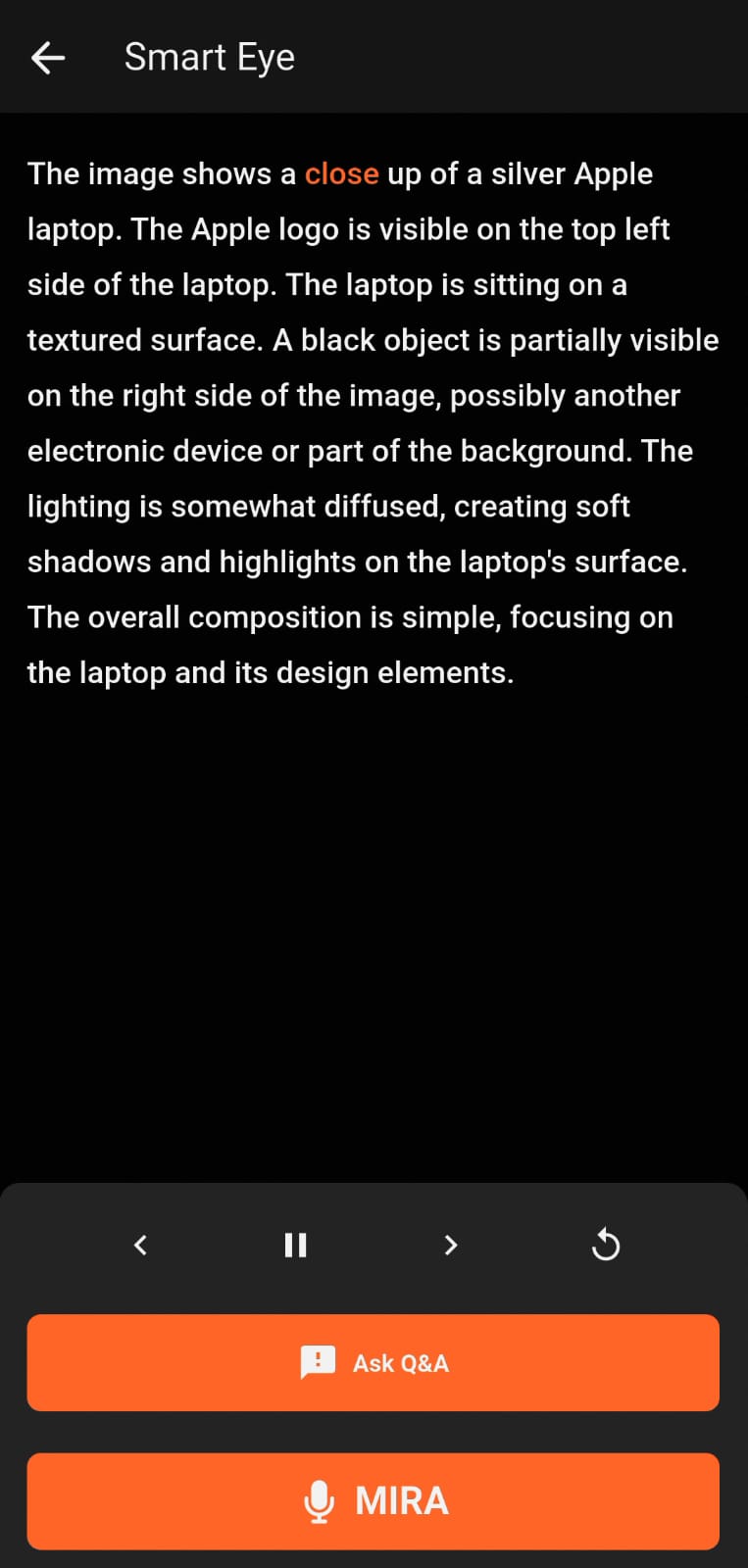 SMARTON Smart Eye feature screen displaying real-time scene description text identifying objects in view